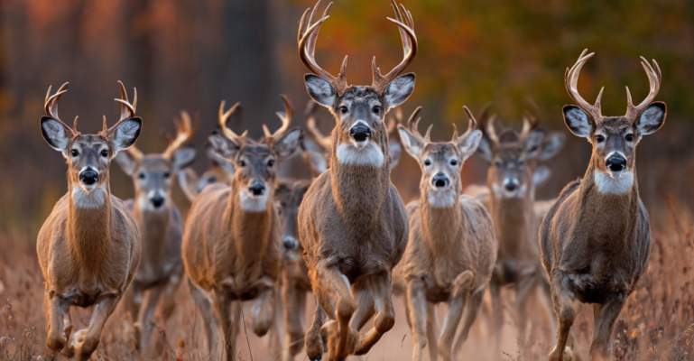 Herd of white tailed deer running